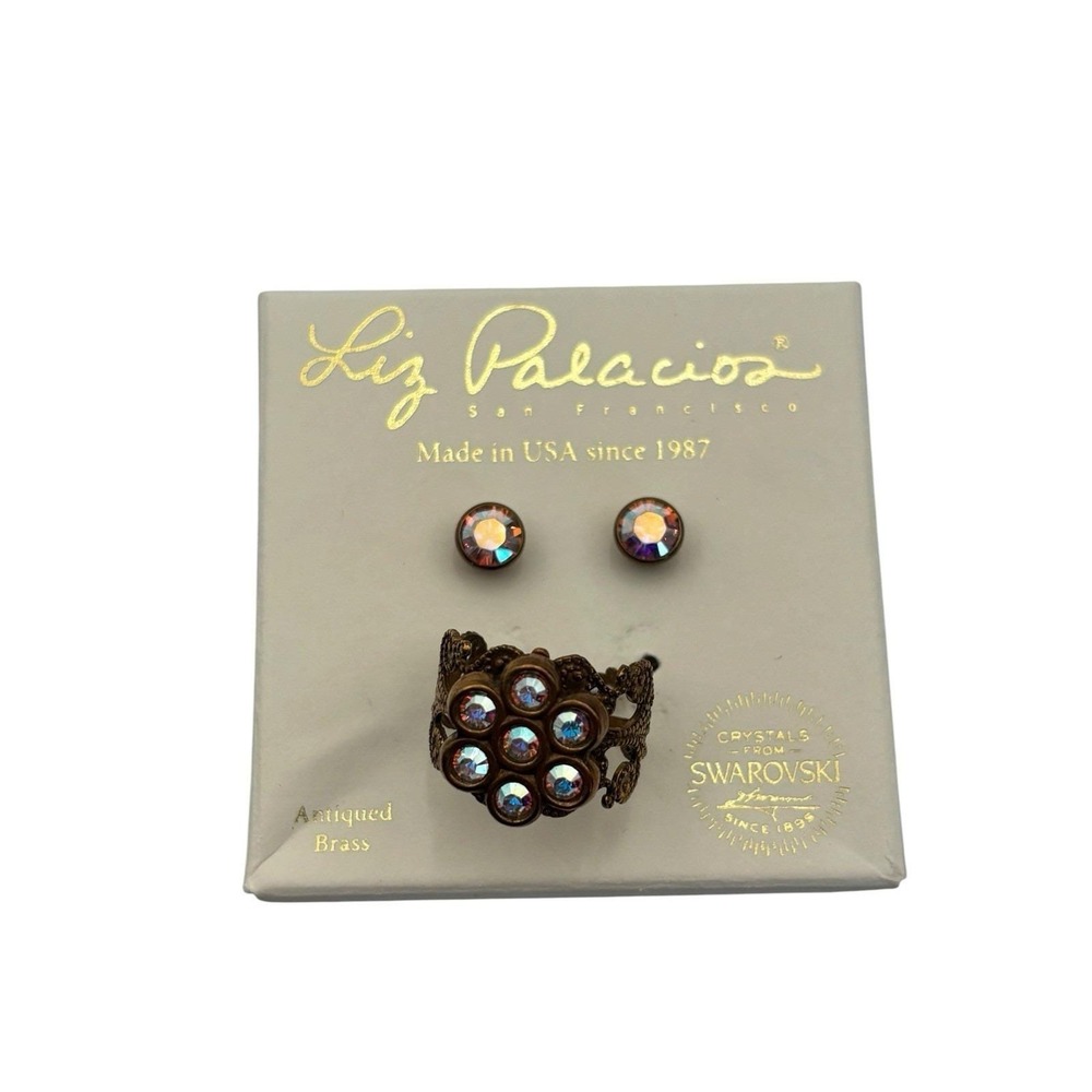 Vintage Liz Palacios Brass Iridescent Swarovski Crystal Stud Earrings Ring Set